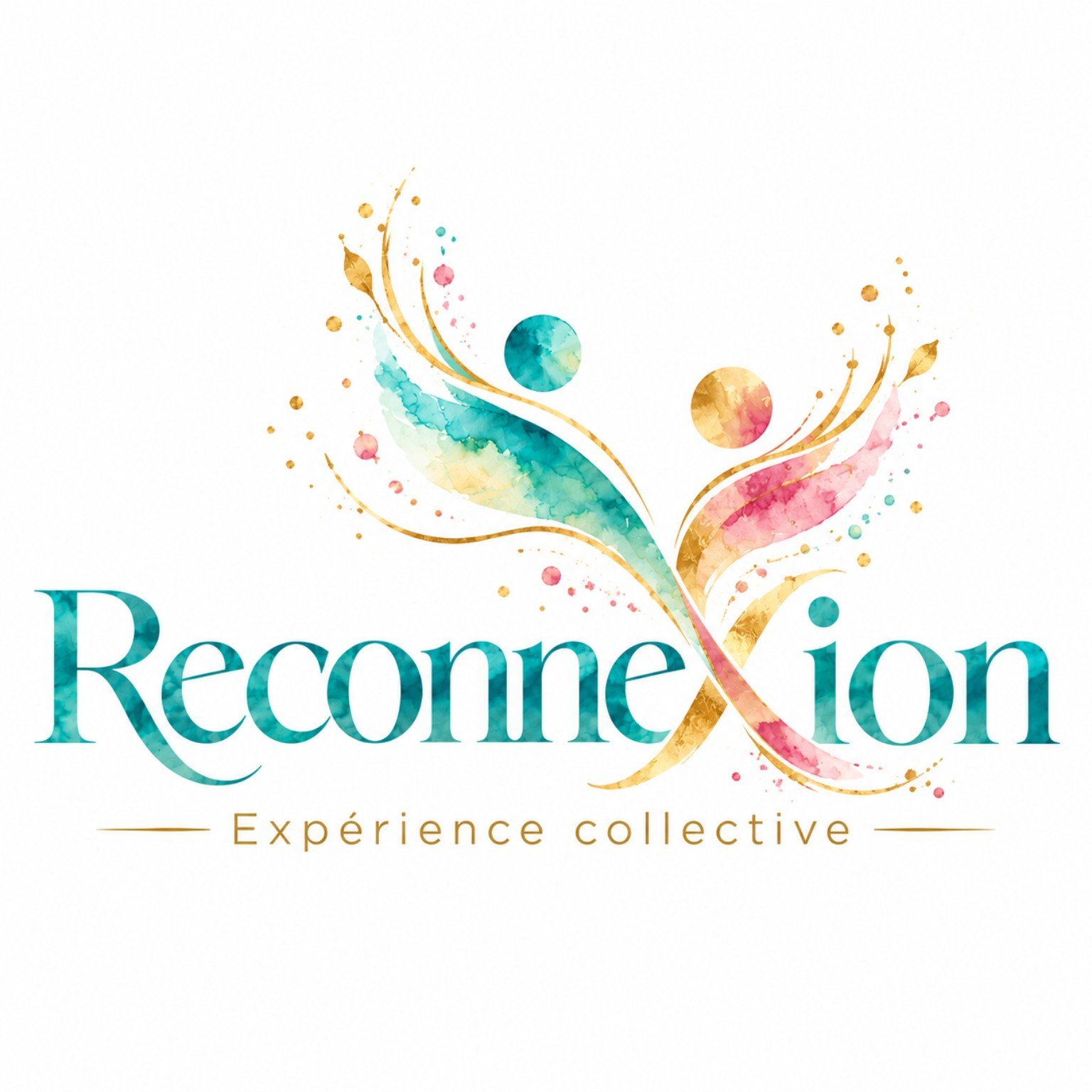 ReconneXion — Expérience collective, logo aquarelle turquoise, doré et rose
